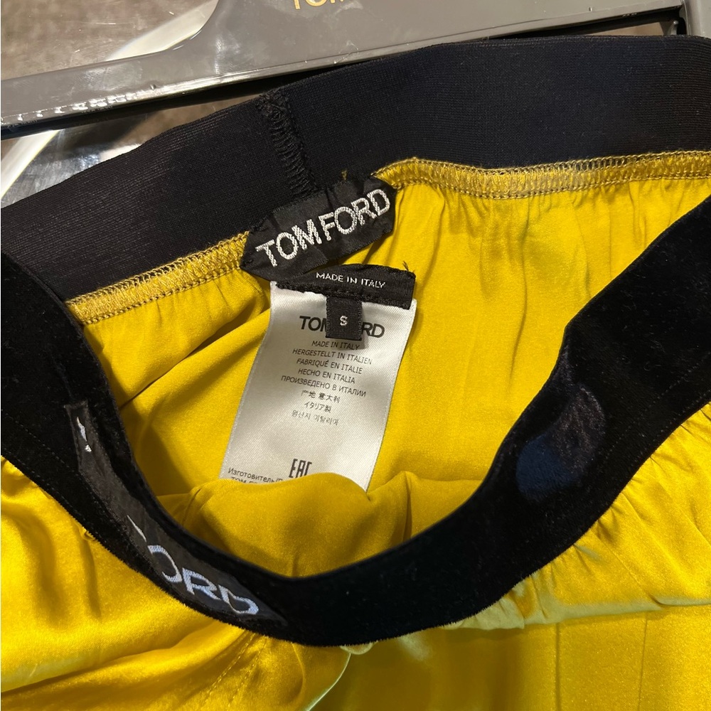 Tom Ford Yellow Satin Shorts with Black Waistband - Picture 3 of 7